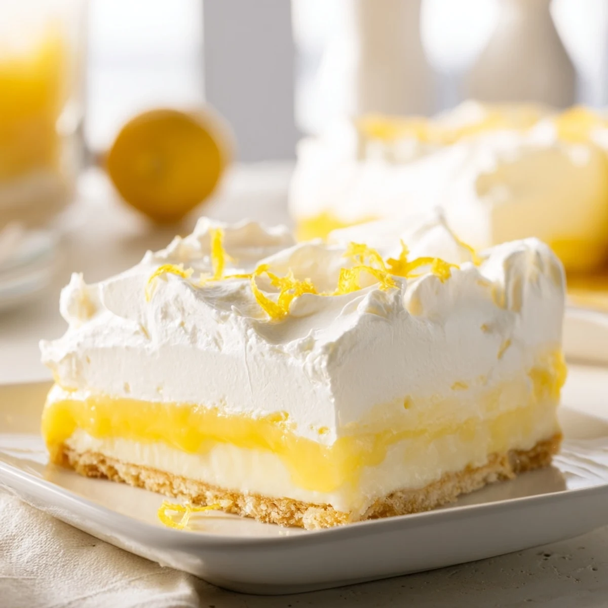 Triple-layer Lemon Lush Cake in a glass baking dish topped with cloud-like whipped cream