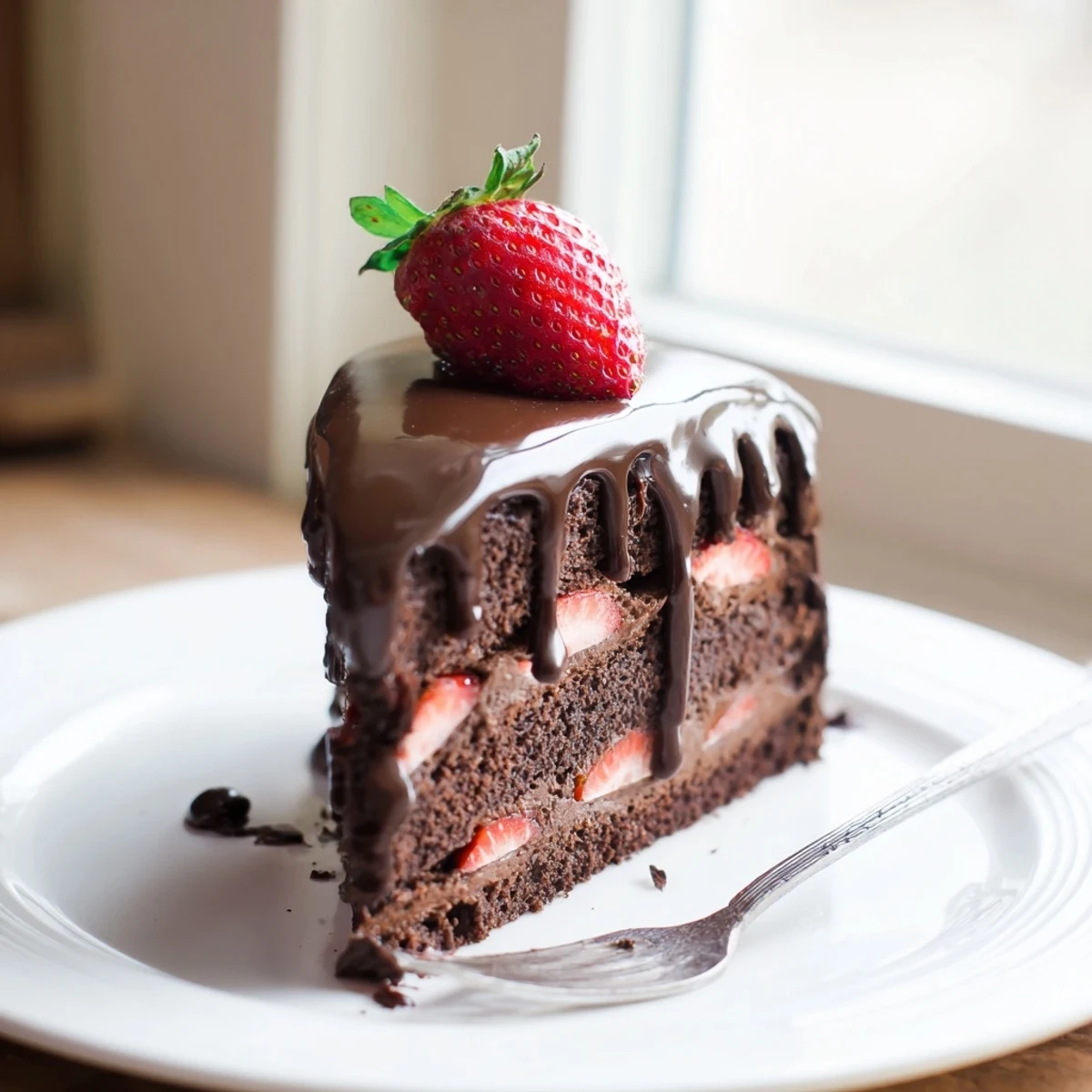 Layered chocolate cake showcasing juicy strawberries between moist cocoa sponge slices