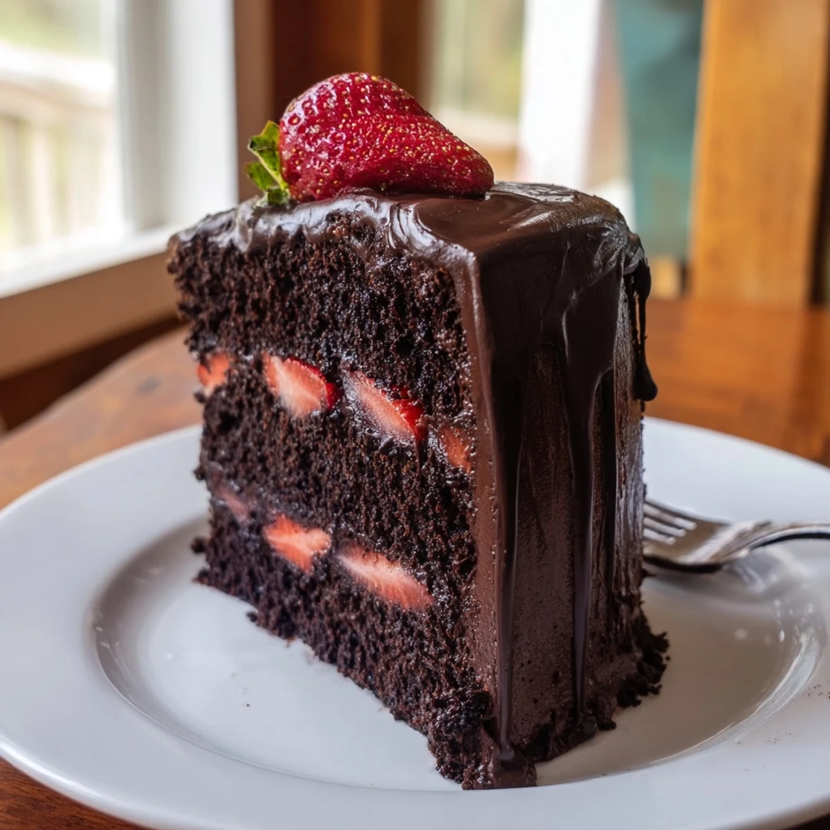 Decadent strawberry chocolate cake with fresh berries and rich ganache glaze