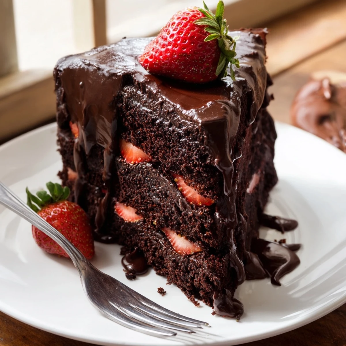 Homemade strawberry chocolate cake dripping with ganache and topped with fresh fruit