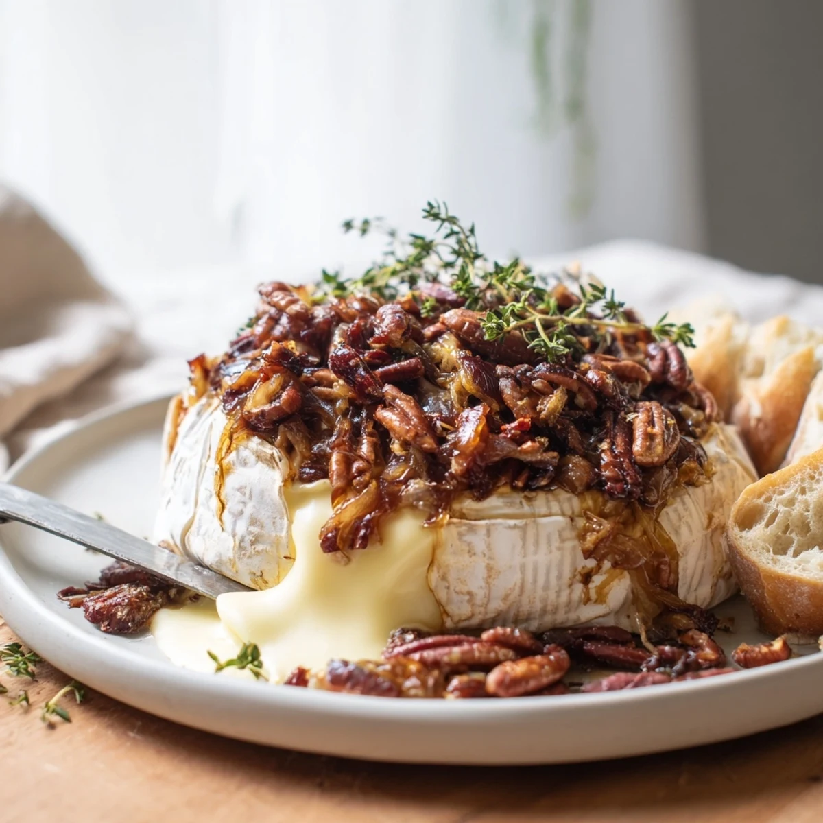 Warm baked brie topped with sweet onions and crunchy pecans served with crusty baguette slices
