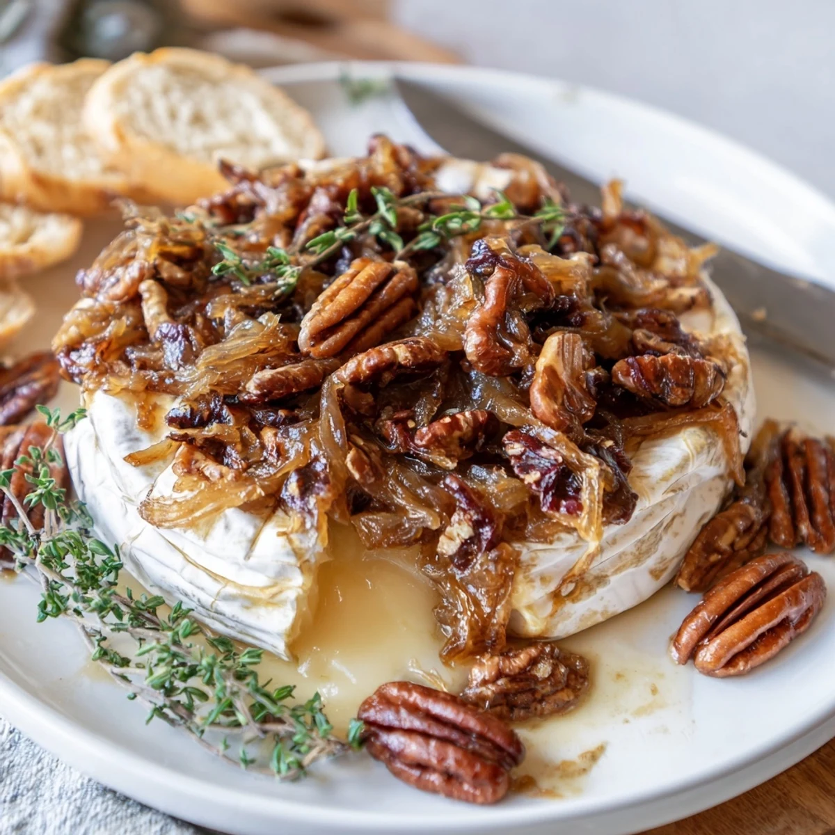 Golden wheel of baked brie with caramelized onions and toasted pecans oozing on a wooden board