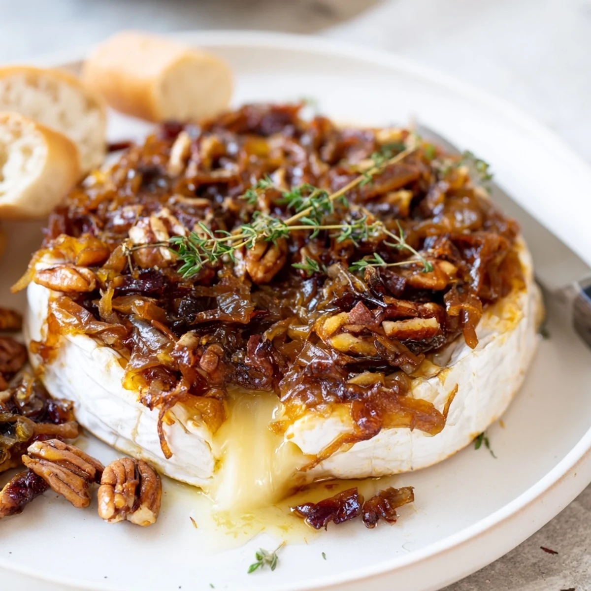 Creamy baked brie with caramelized onions and pecan halves garnished with fresh thyme sprigs