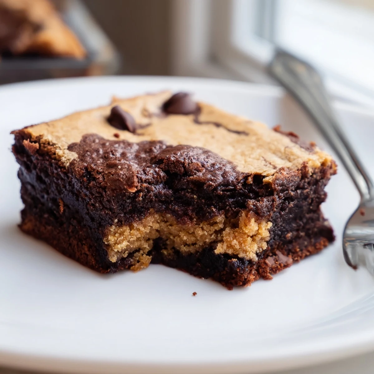 Homemade fudgy chewy brookies fresh from the oven with golden edges and melty chips