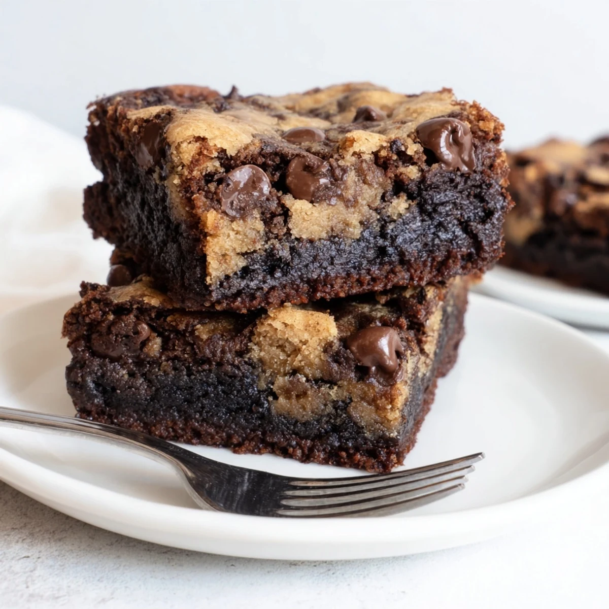 Square pan of fudgy chewy brookies sliced into rich dessert bars with chocolate swirls