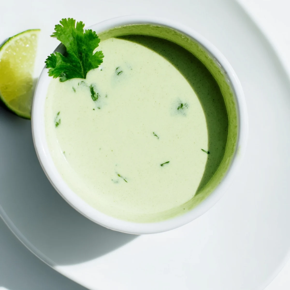 Vibrant green cilantro lime dipping sauce in a small white ramekin for appetizers