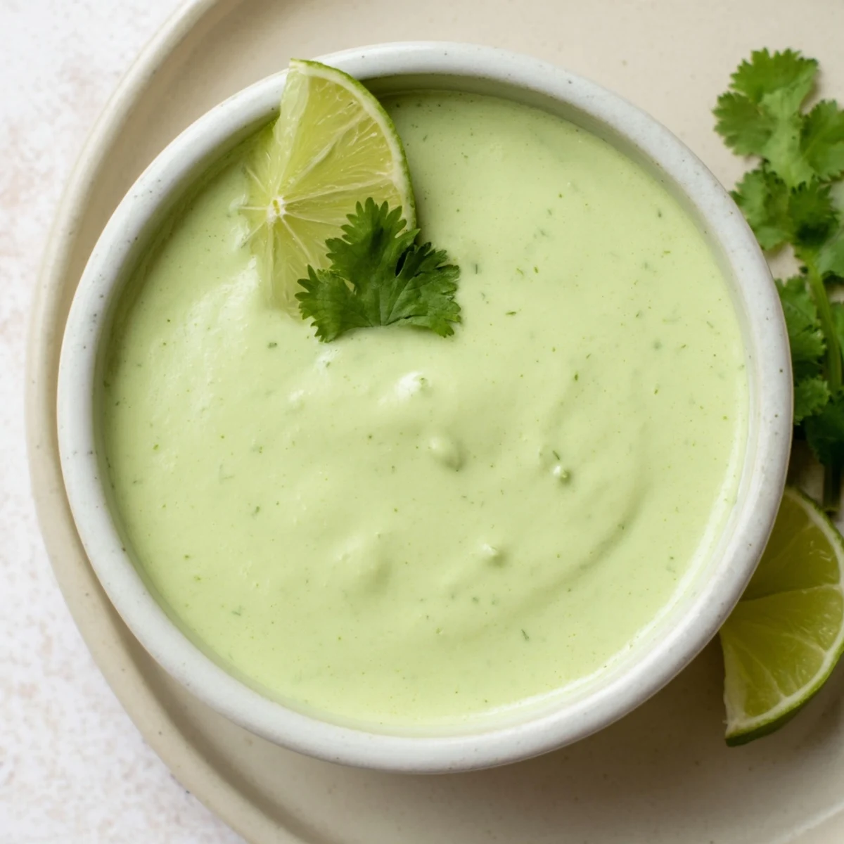Smooth creamy cilantro lime sauce served alongside crispy fish tacos and lime wedges