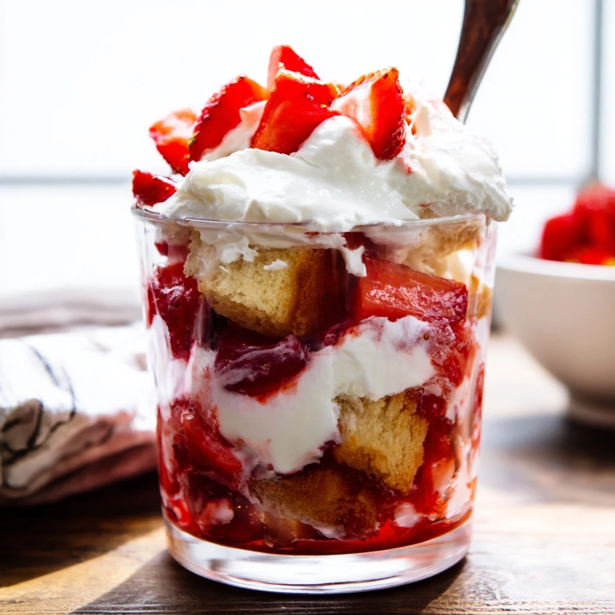 Golden strawberry shortcake trifles layered with fresh juicy berries and fluffy whipped cream in clear glass serving vessels