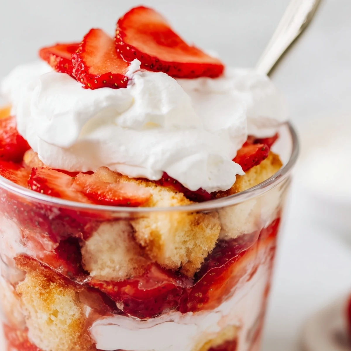 Individual strawberry shortcake trifle desserts showcasing tender cake cubes macerated red strawberries and billowy white cream topping