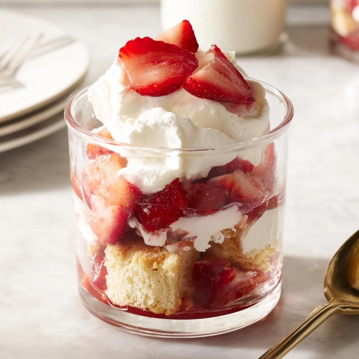 Elegant layered strawberry shortcake trifle glasses displaying golden shortcake sweet red fruit and vanilla whipped cream