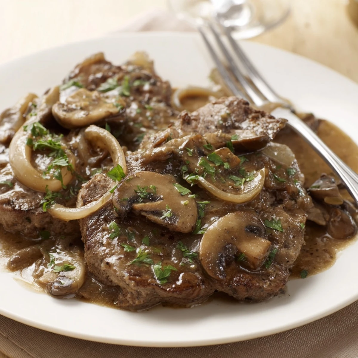 Golden brown country style smothered cube steak resting in rich onion mushroom gravy