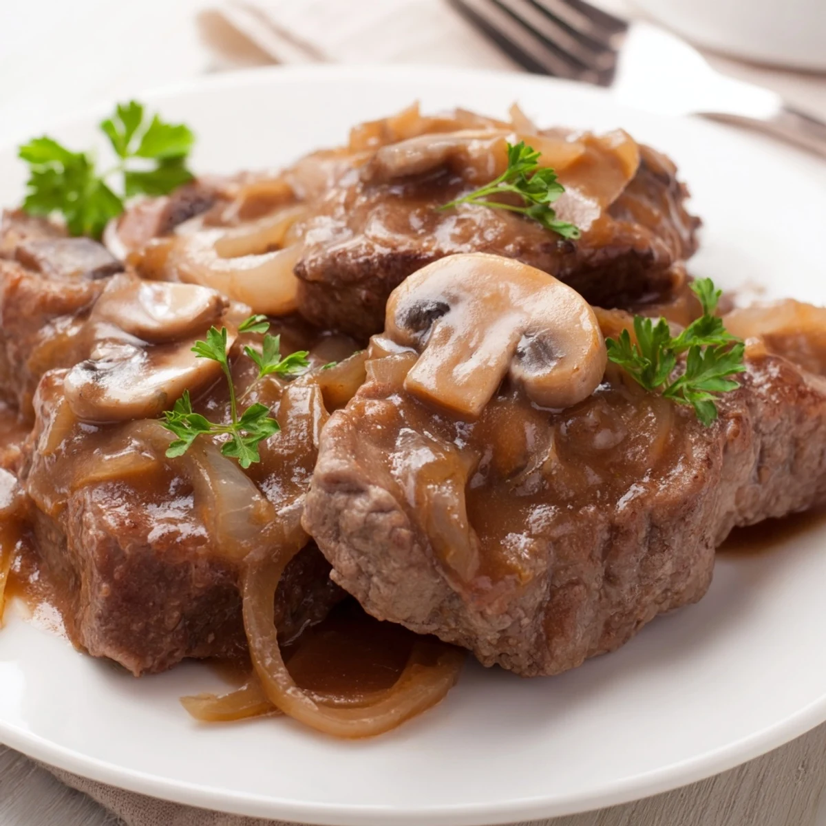 Tender cube steak simmered in creamy Southern gravy with fresh parsley garnish