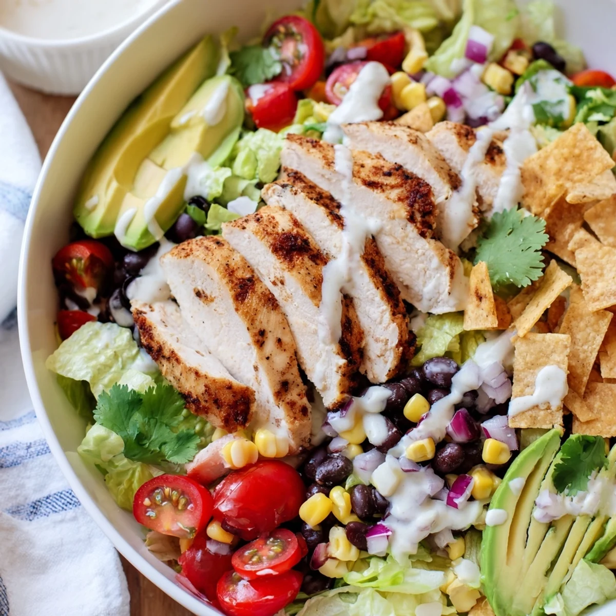 Vibrant Southwestern chicken salad bowl with grilled sliced chicken, colorful vegetables, black beans, and creamy dressing.