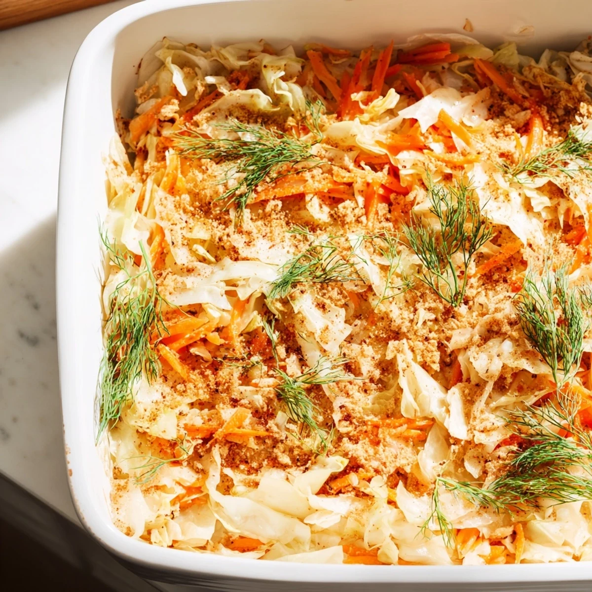 Golden brown slow roasted cabbage and sauerkraut casserole garnished with fresh green dill
