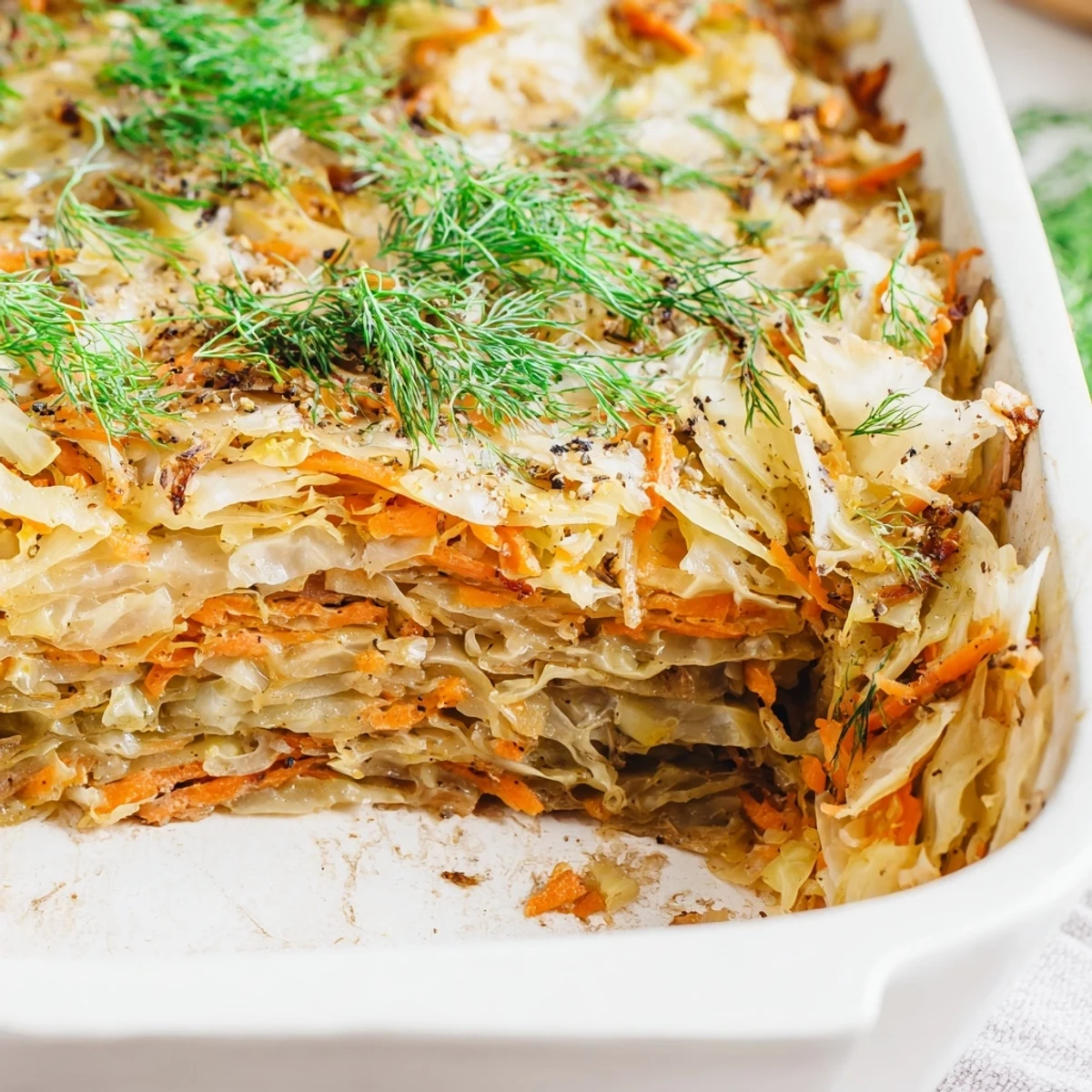 Hearty German cabbage casserole layered with tangy sauerkraut baked in a deep ceramic dish