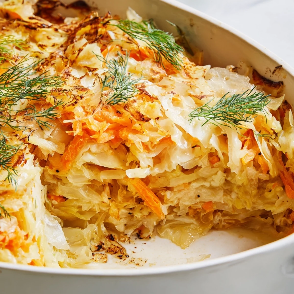 Comforting vegetarian slow roasted cabbage and sauerkraut casserole served in a rustic bowl