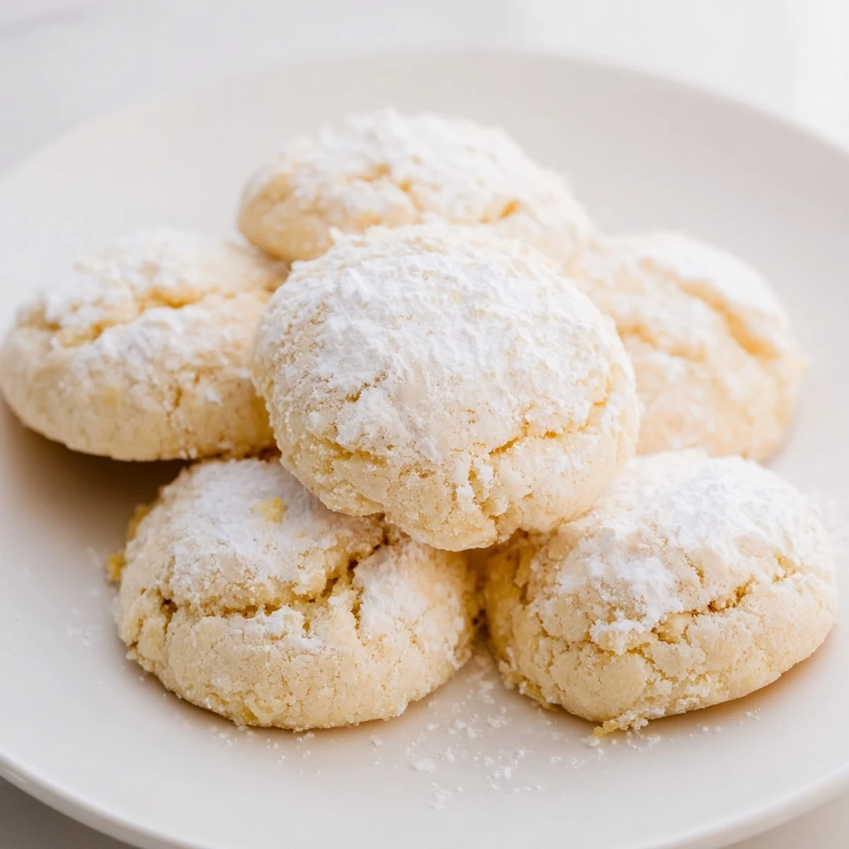 Golden soft chewy lemon cookies dusted with powdered sugar on a white plate