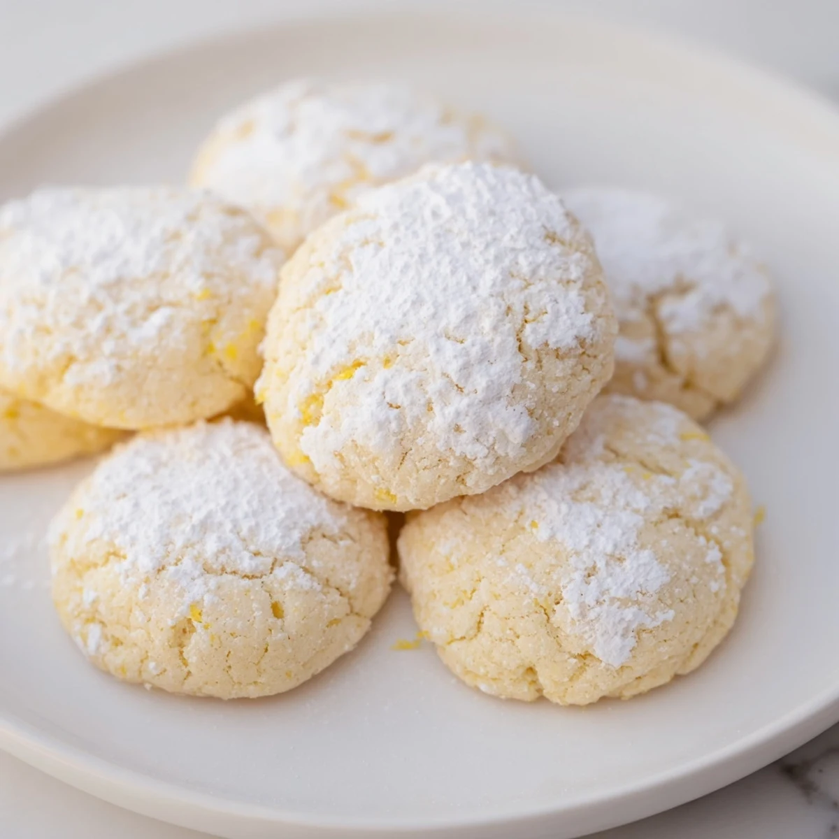Freshly baked lemon cookies with cracked tops cooling on a wire rack