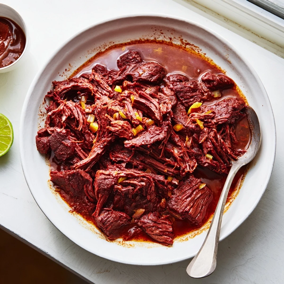 Tender slow cooker beef barbacoa piled high with fresh cilantro and diced onions