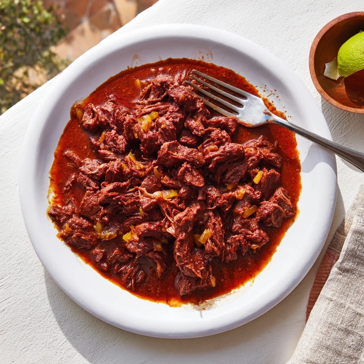 Spicy slow cooker beef barbacoa nestled in warm corn tortillas with lime