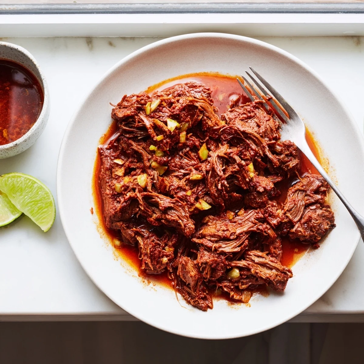 Juicy Mexican shredded beef barbacoa steaming in a white serving bowl
