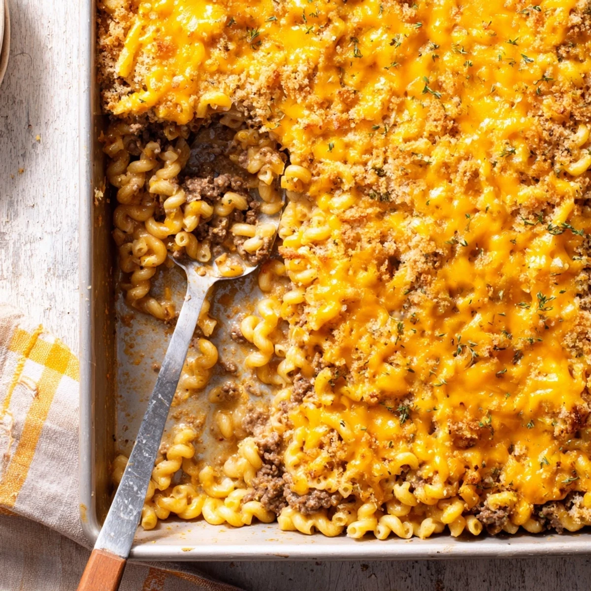 Golden baked mac and cheese meatloaf casserole with bubbling cheese topping and crispy breadcrumb garnish