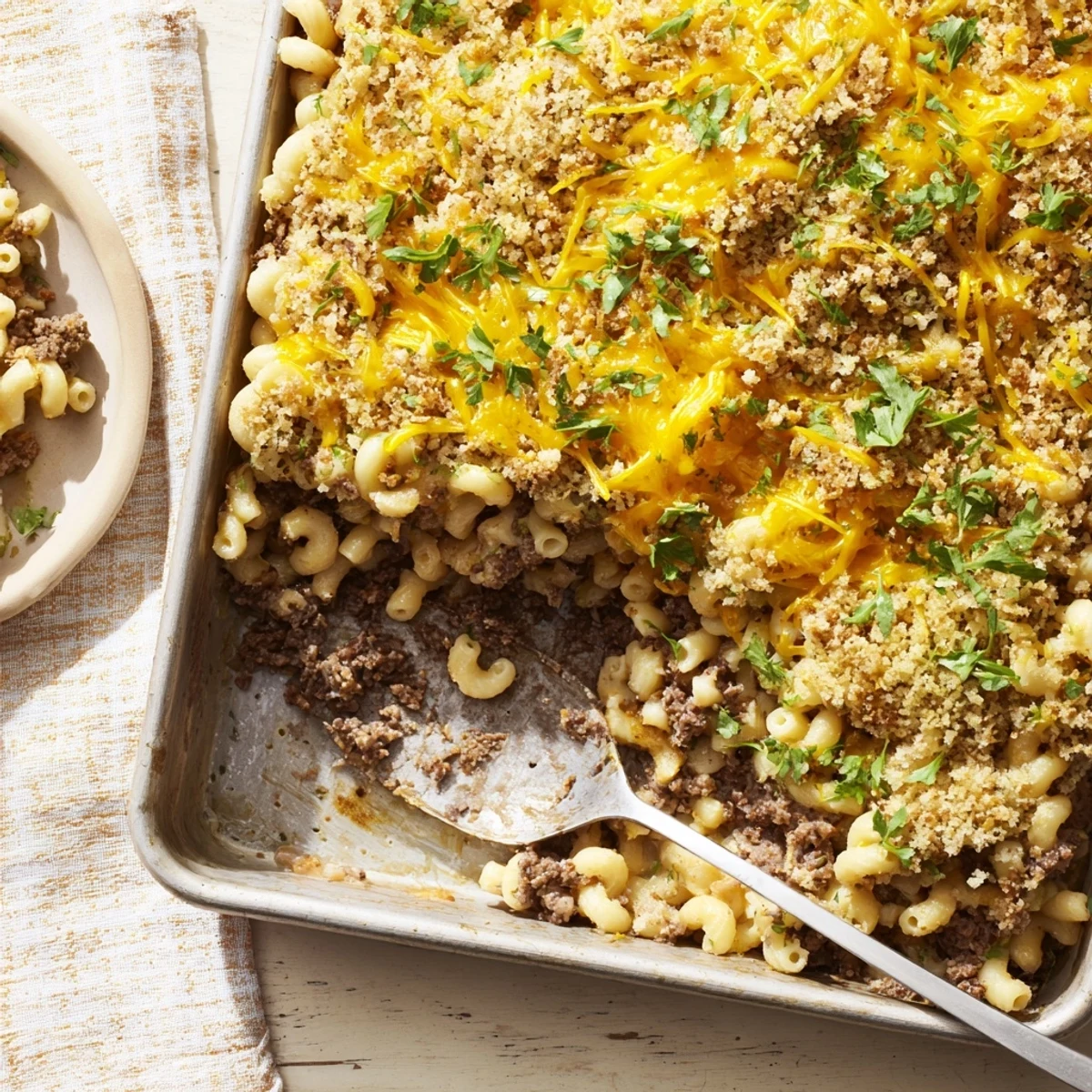 Savory ground beef meatloaf topped with homemade mac and cheese and melted cheddar cheese in a baked casserole