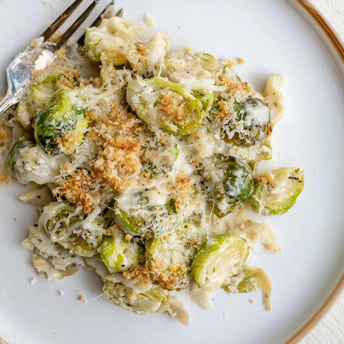 Creamy Parmesan Brussels Sprouts Casserole bubbling golden, breadcrumb topping and roasted edges