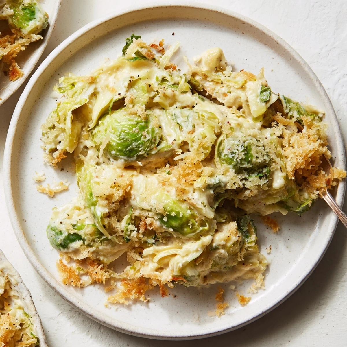 Plated Creamy Parmesan Brussels Sprouts Casserole beside roasted turkey, creamy sauce glistening