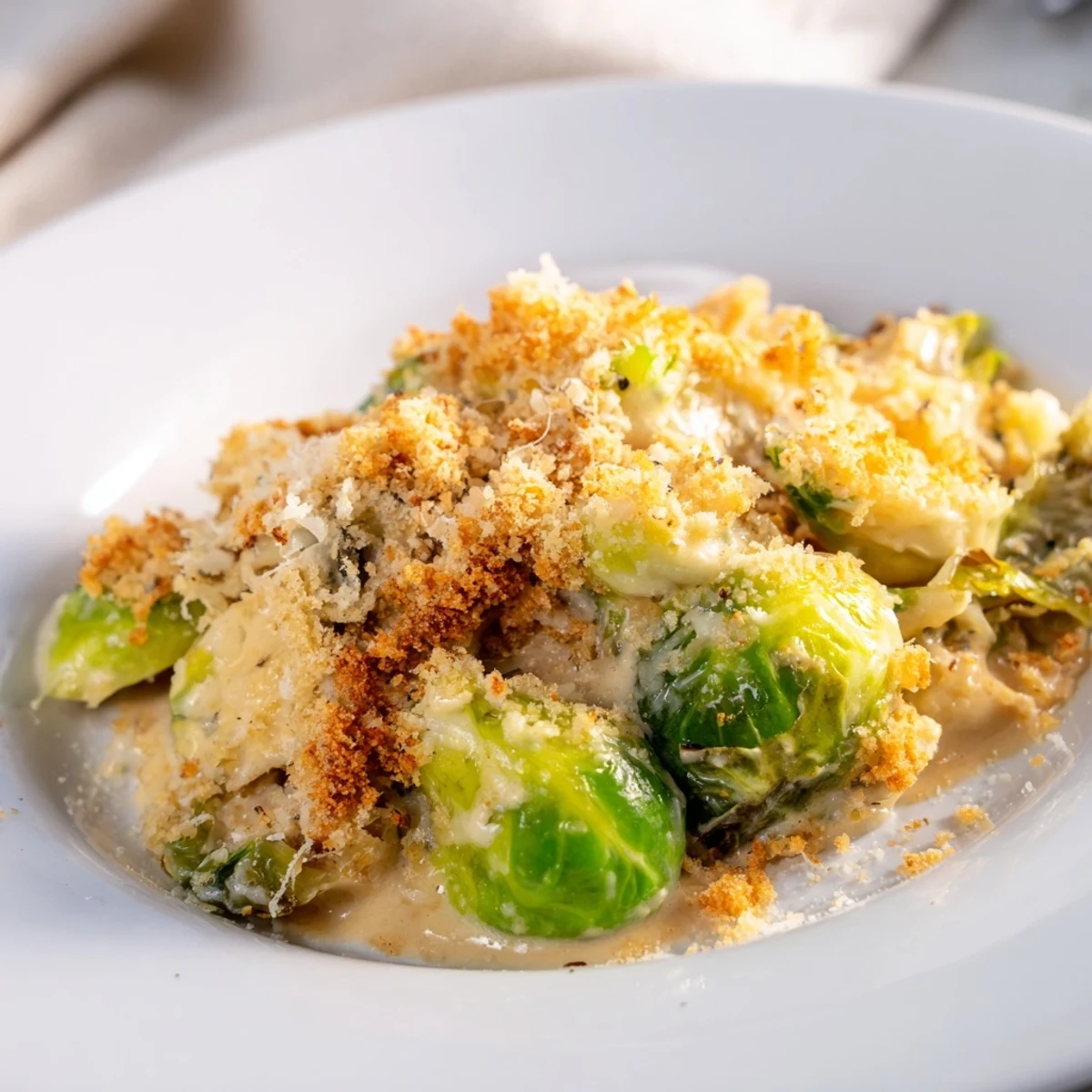 Oven-browned Creamy Parmesan Brussels Sprouts Casserole with crunchy panko and melted cheese