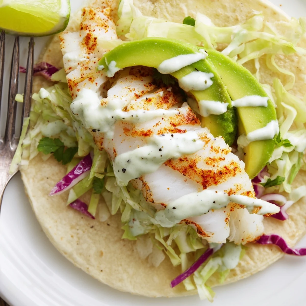 Crispy seasoned cod tucked into Baked Cod Fish Tacos with Creamy Cilantro Lime Sauce.