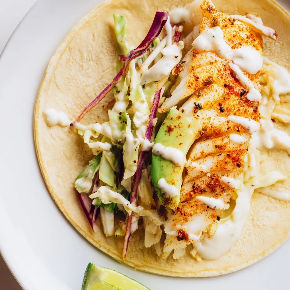 Bright slaw and avocado top Baked Cod Fish Tacos with Creamy Cilantro Lime Sauce.