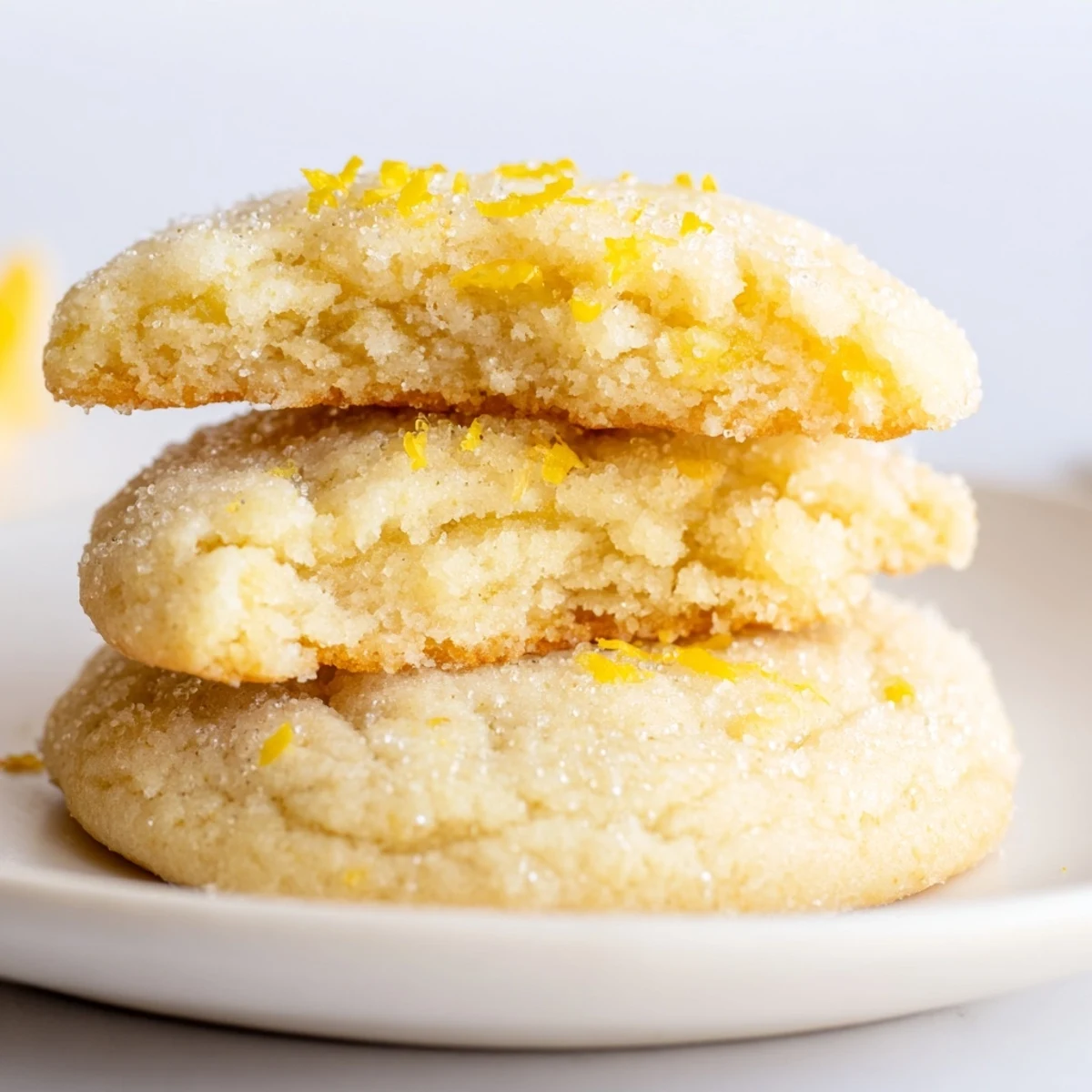 Soft Chewy Lemon Cookies rolled in sugar, cooling on parchment-lined sheet