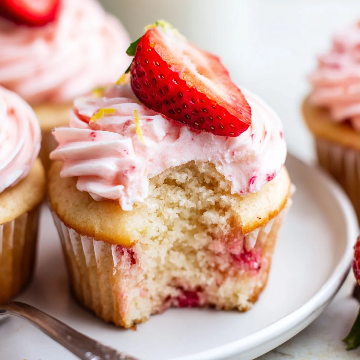 Moist Strawberry Lemonade Cupcakes topped with zesty buttercream and fresh strawberries