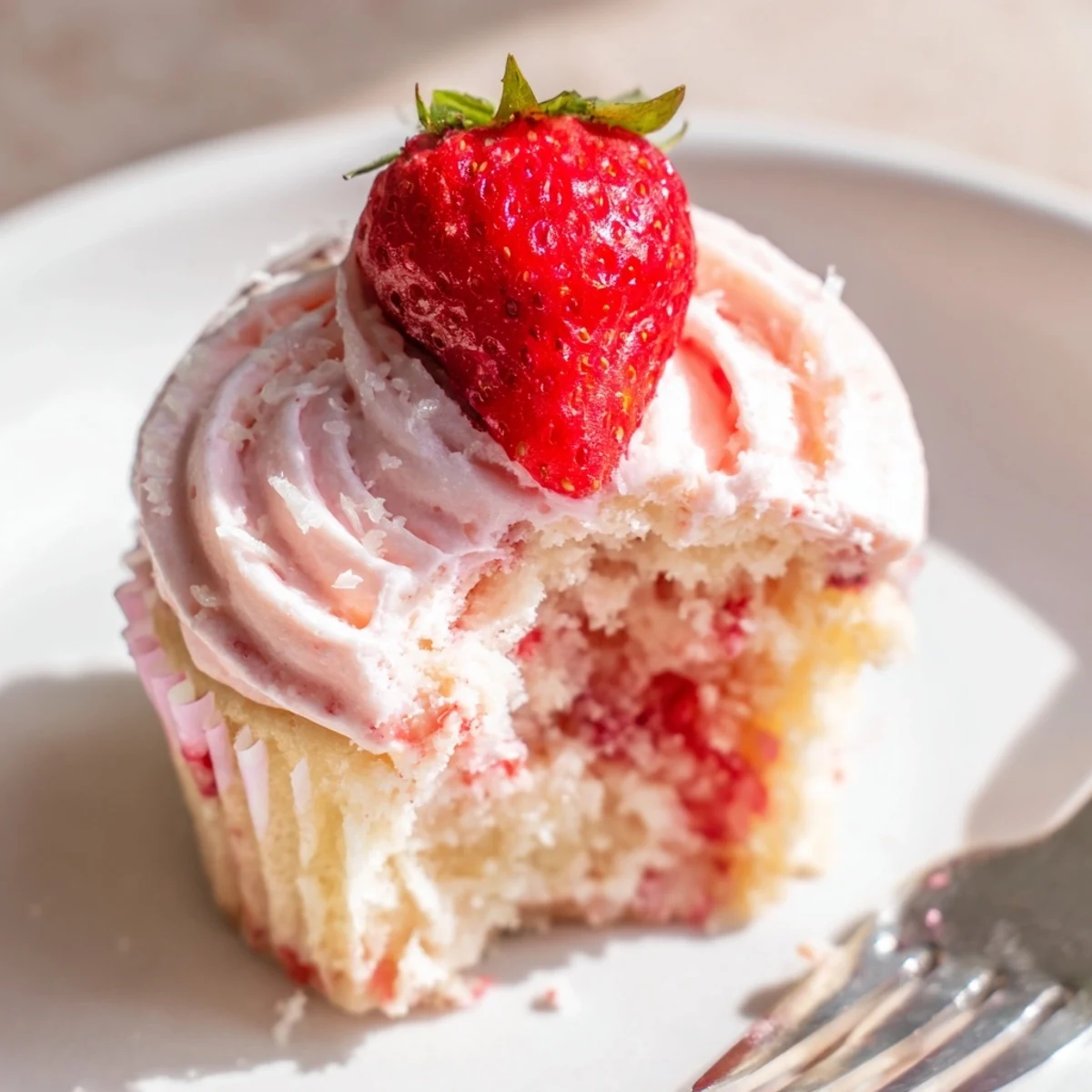 Plated Strawberry Lemonade Cupcakes with lemon zest sprinkle, tart-sweet summer aroma