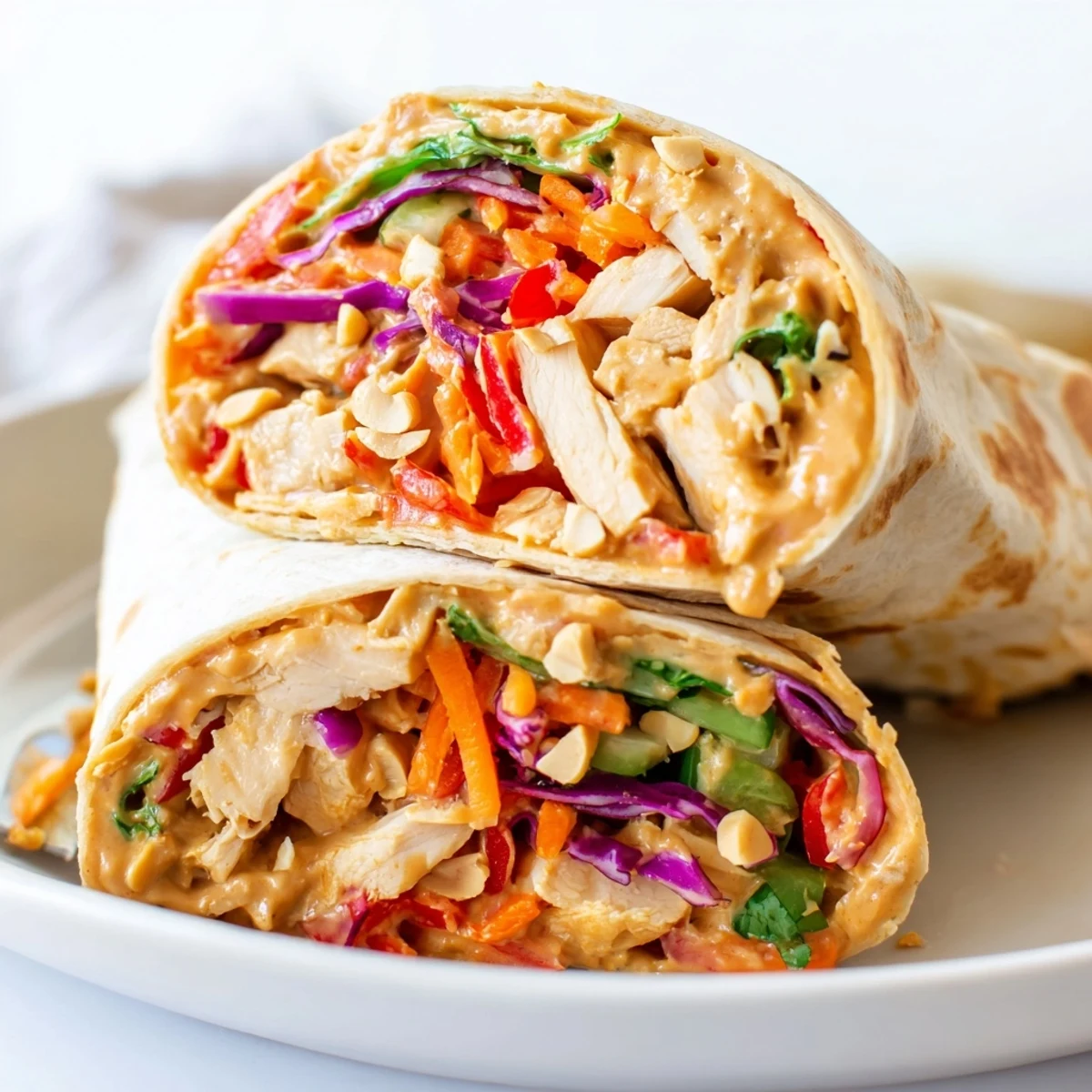 Thai Peanut Chicken Wraps with creamy sauce, crisp vegetables, sliced and ready