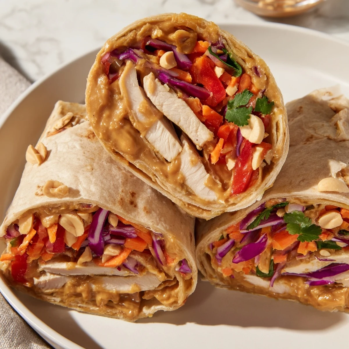 Warm Thai Peanut Chicken Wraps piled on plate, cilantro and lime