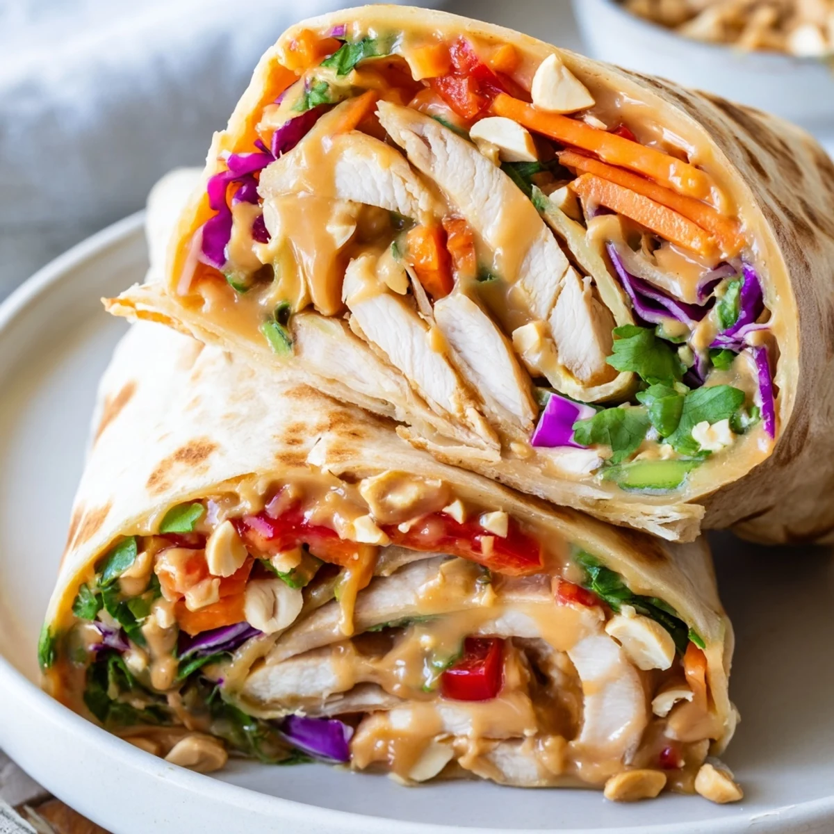 Handheld Thai Peanut Chicken Wraps bursting with tangy peanut flavor, crunchy cabbage
