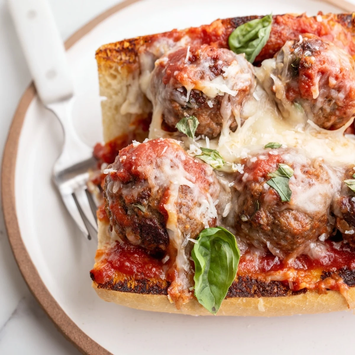 Stacked Cheesy Meatball Subs showing juicy meatballs, fresh basil garnish, melted cheese