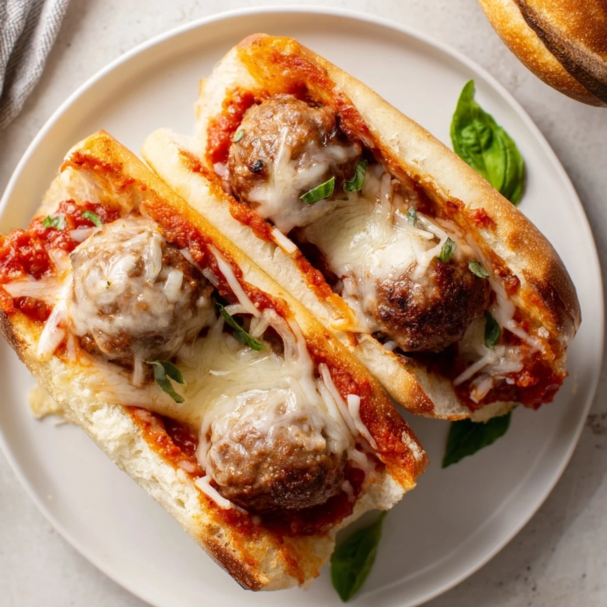 Family-style Cheesy Meatball Subs served hot with crisp salad and potato chips