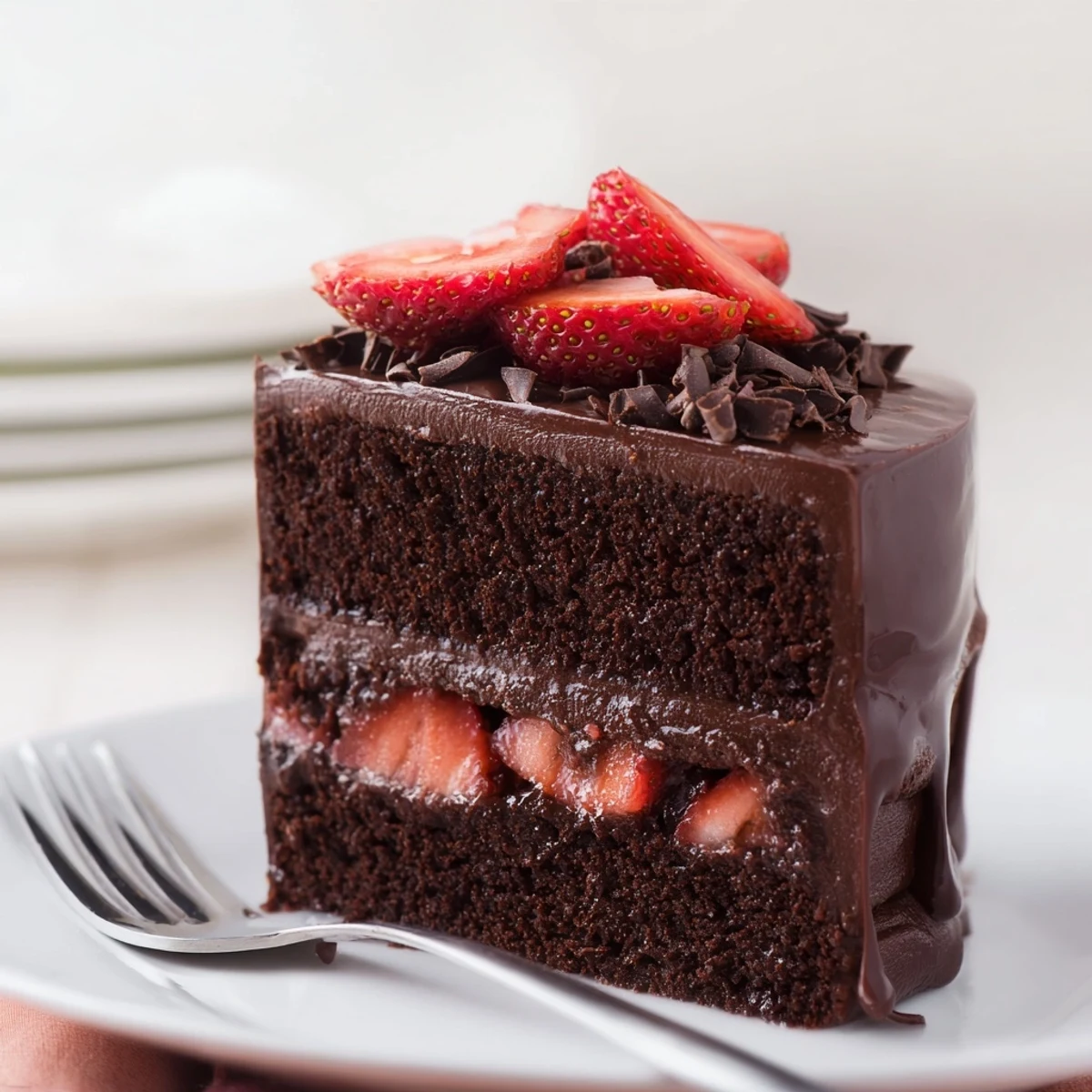 Strawberry Chocolate Cake layered with glossy ganache, fresh berries, and chocolate shavings