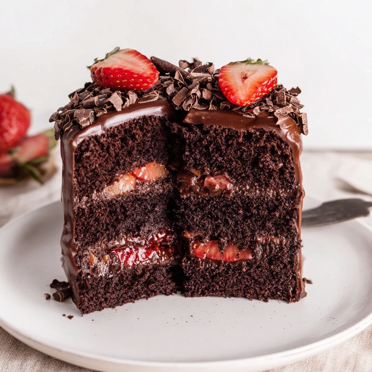 Fork-ready Strawberry Chocolate Cake plated for celebration, chilled for neat, clean slices