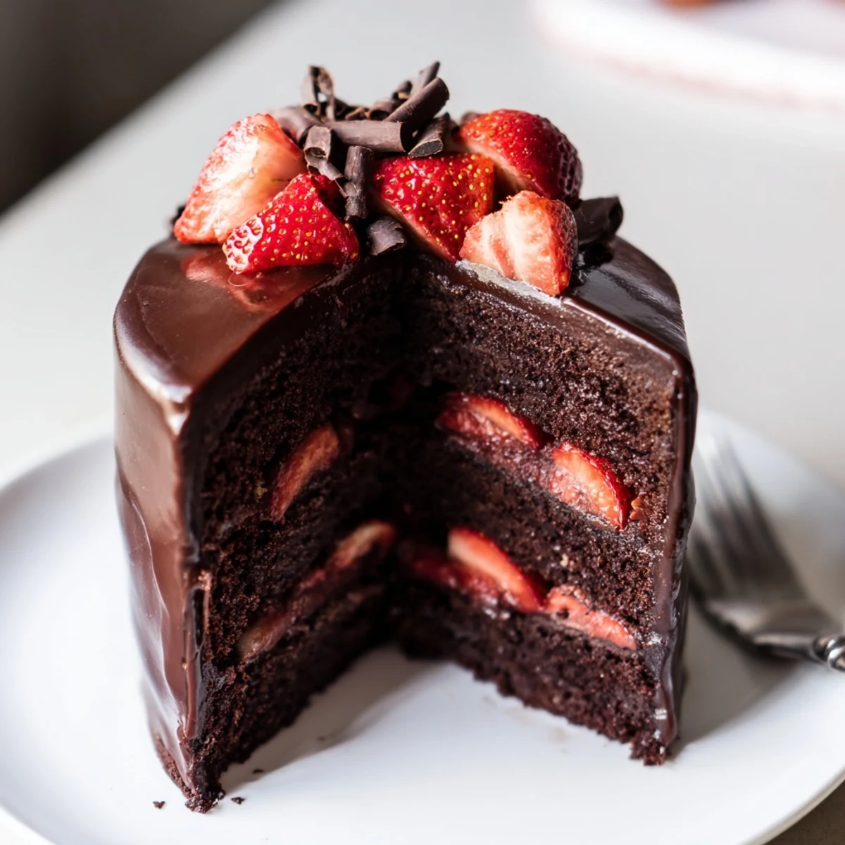 Slice of Strawberry Chocolate Cake revealing moist chocolate crumb and strawberry filling