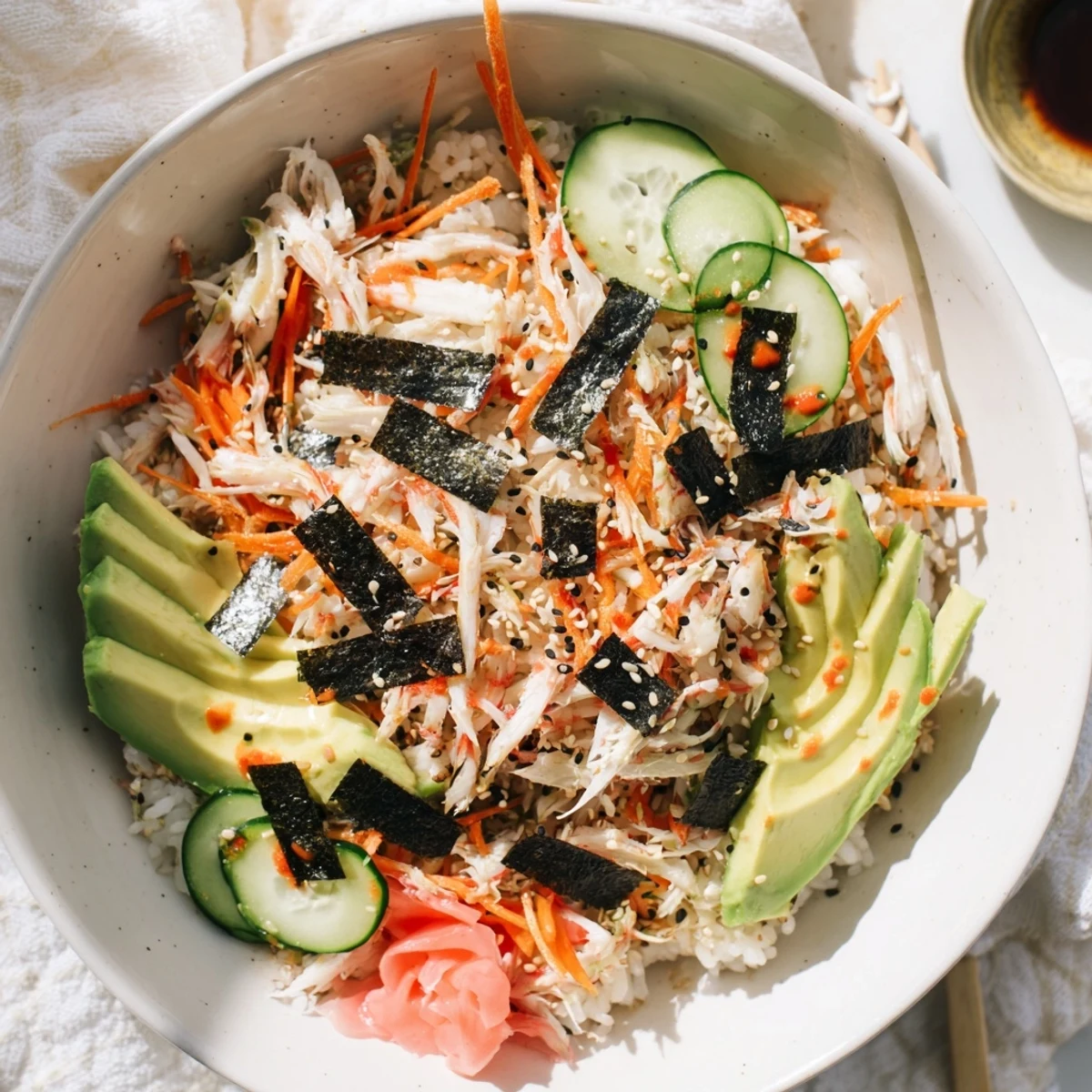 Deconstructed California Roll Sushi Bowls on seasoned rice, drizzled spicy mayo, pickled ginger.