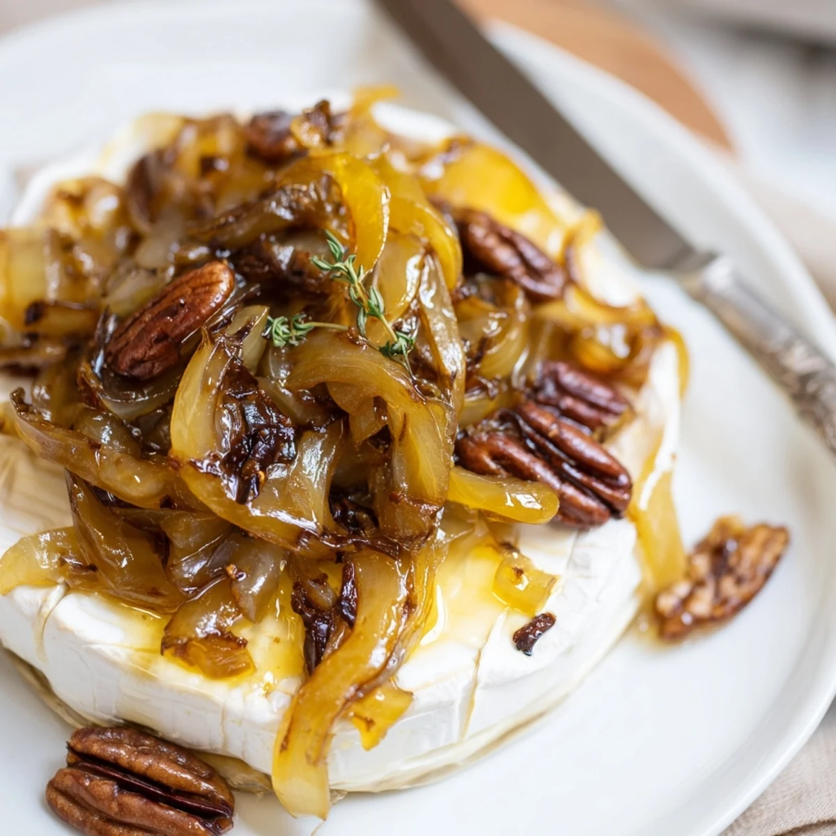 Baked Brie With Caramelized Onions And Pecans, melted golden, topped with thyme  