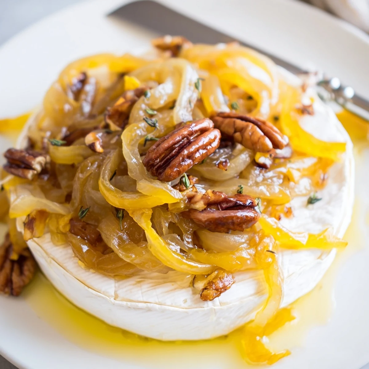 Warm Baked Brie With Caramelized Onions And Pecans served with baguette slices  