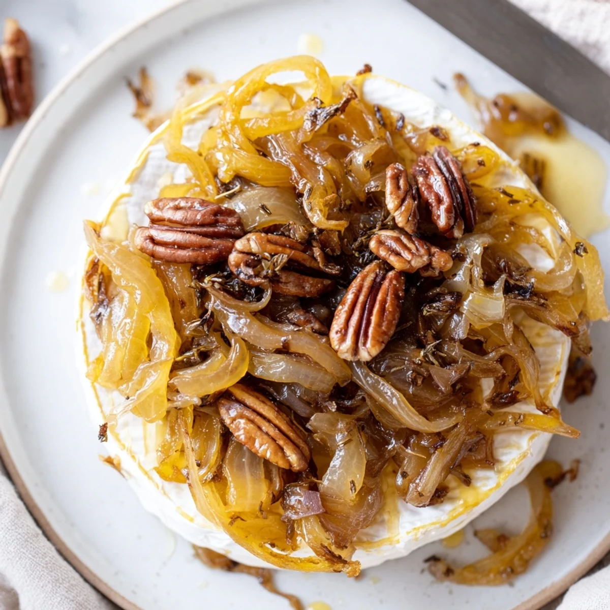 Fresh from oven Baked Brie With Caramelized Onions And Pecans, oozy cheese, crunchy pecans