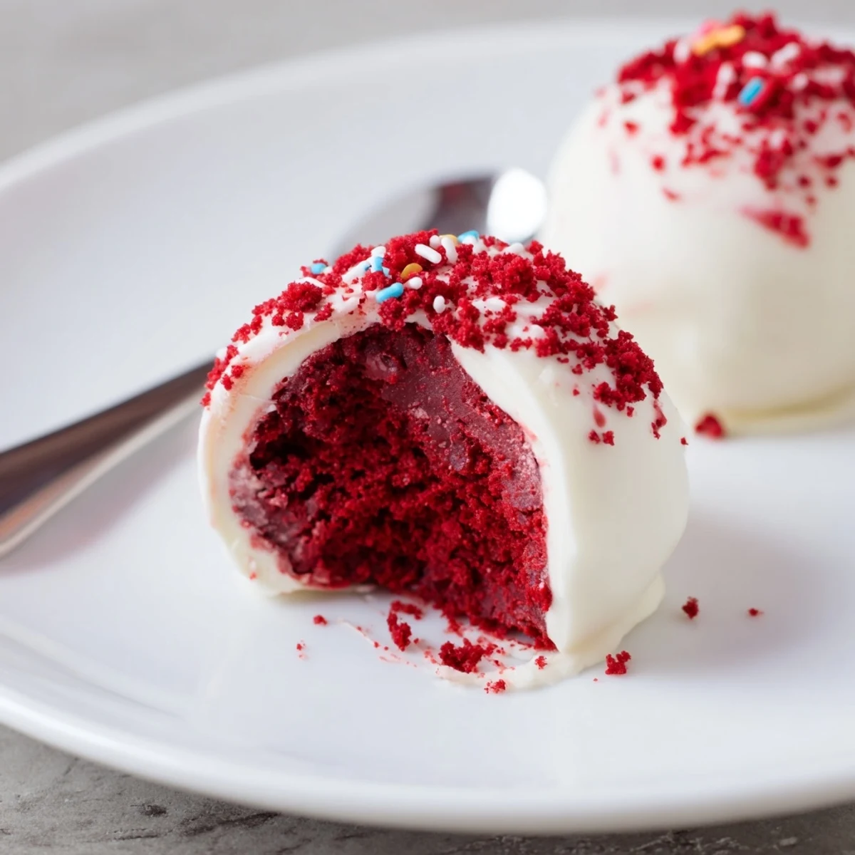 Red Velvet Cheesecake Balls arranged on a party platter, sprinkled with red crumbs.  