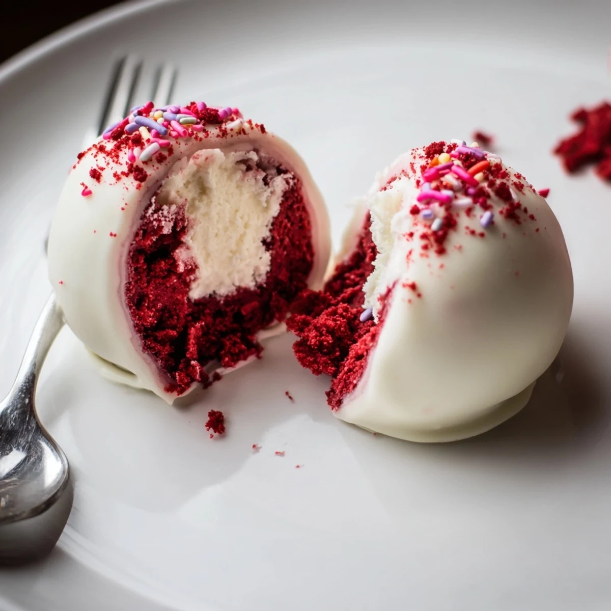 Bite-sized Red Velvet Cheesecake Balls chilled, smooth cream cheese centers and sprinkles.