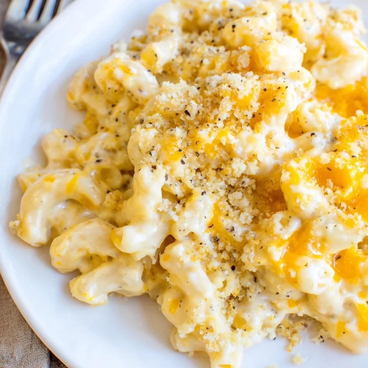 Golden-baked Mac And Cheese with crunchy topping, bubbling and ready.